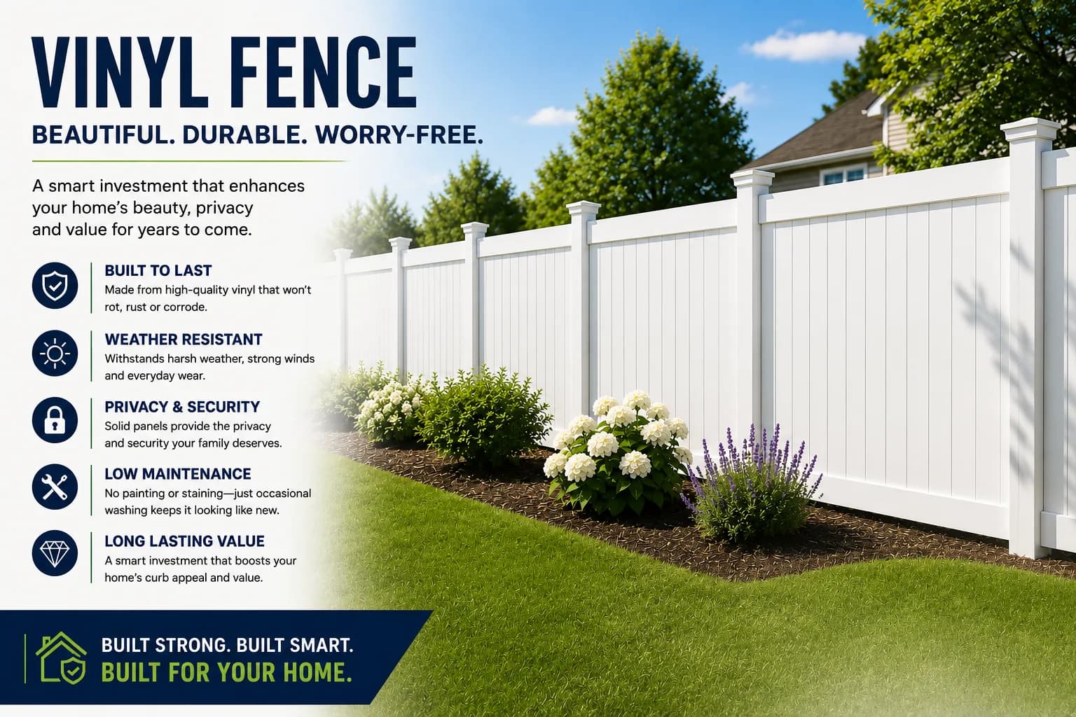 White vinyl fence installed around a residential property